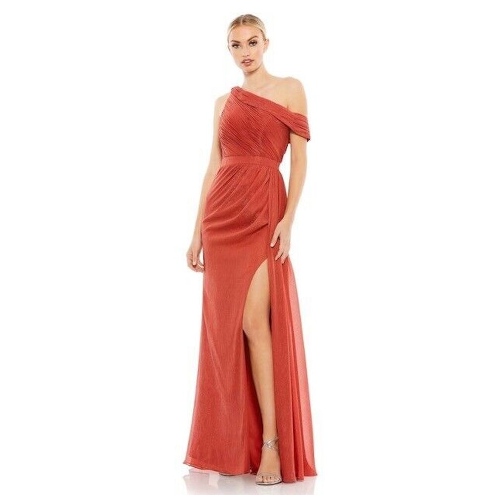 Mac Duggal Gown Dress Asymmetrical One Shoulder Cap Sleeve Ruched Red‎ 2 NWT